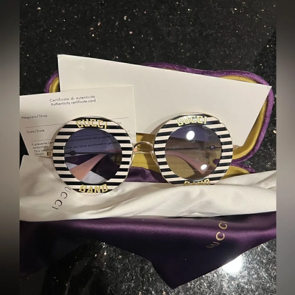 Gucci GG0113S 008 Sunglasses Women's Black+White Striped-Gold/Blue Gradient Lens - Picture 5 of 7